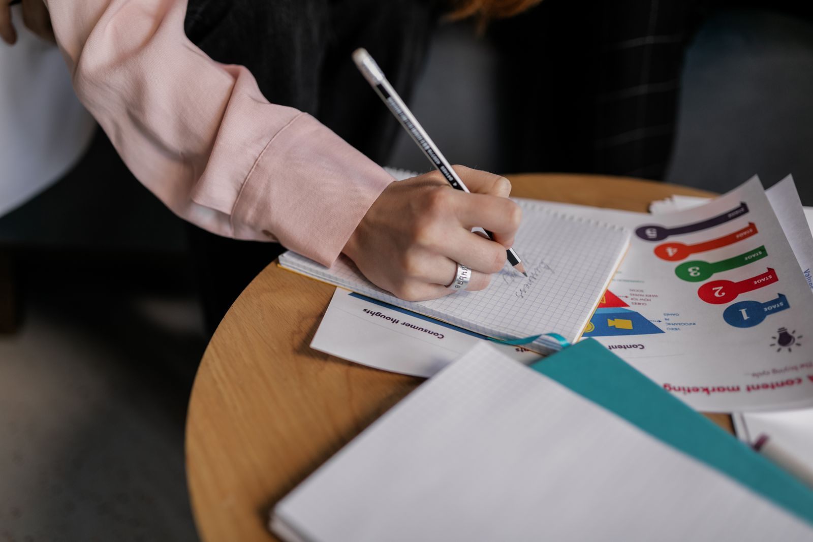 A person filling in a written questionnaire beside printed charts, like answering cruise survey questions